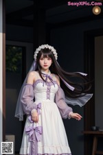 A woman in a white dress with a purple veil.